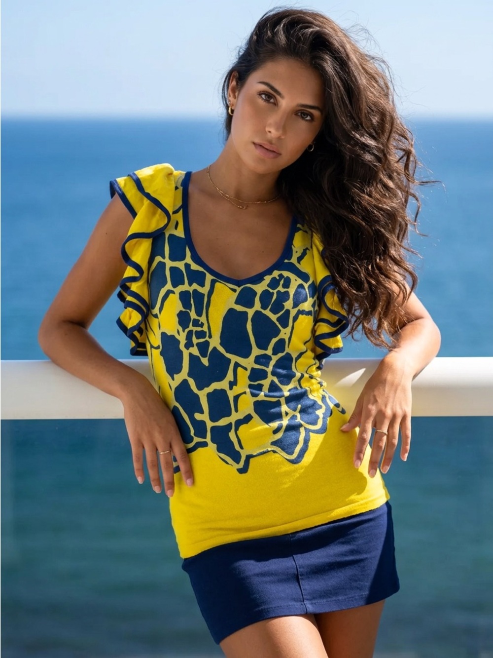 Double Zero Pre Owned Yellow & Navy Animal-Print Ruffle Sleeve Top